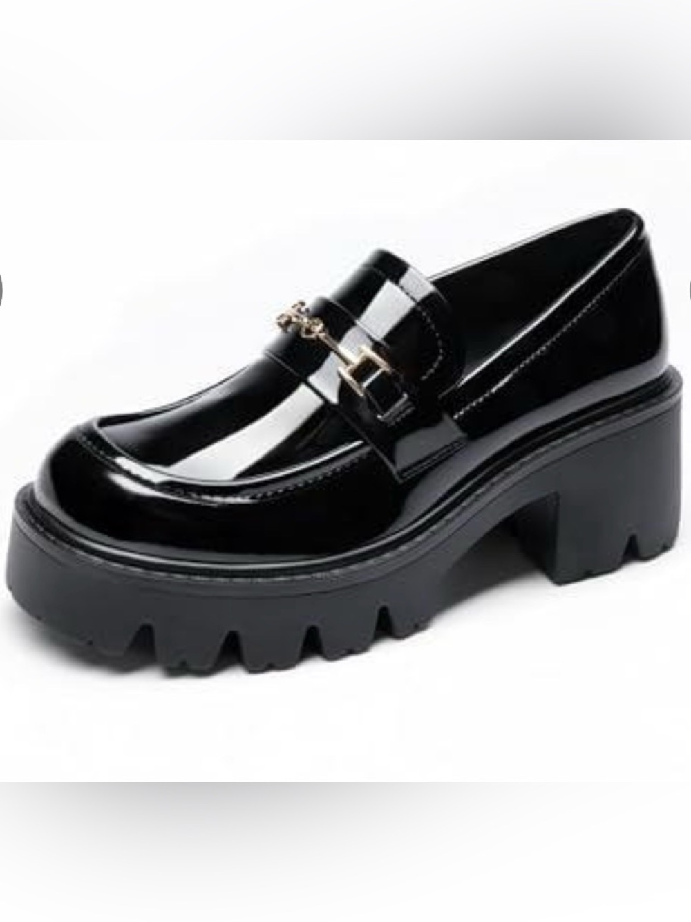 Dream Pairs Black Patent Lug Sole Loafer with Gold Buckle